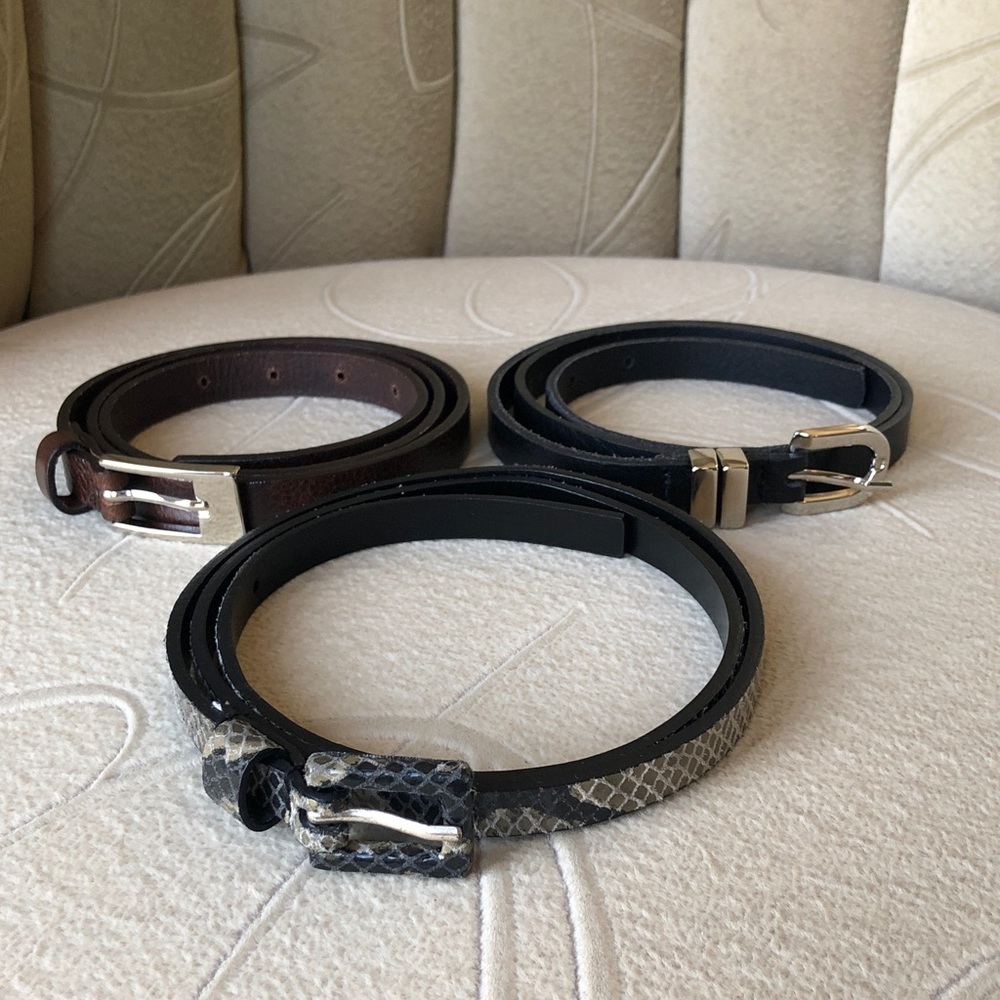 3 Danier Skinny Leather Belts - Black, Brown, Grey Snake-Print - S